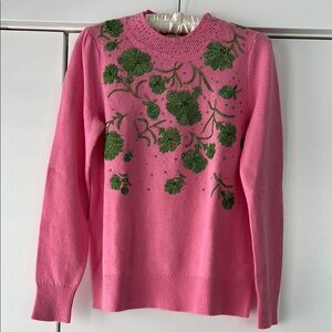 Boden Pink Floral Crew Neck Beaded Sweater